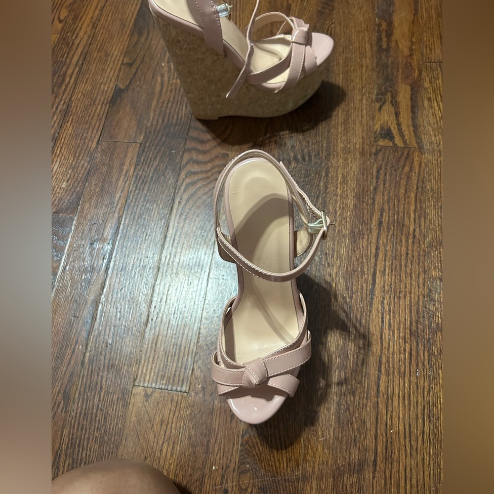 Womens Nude Pink Wedge Sandals with Ankle Strap